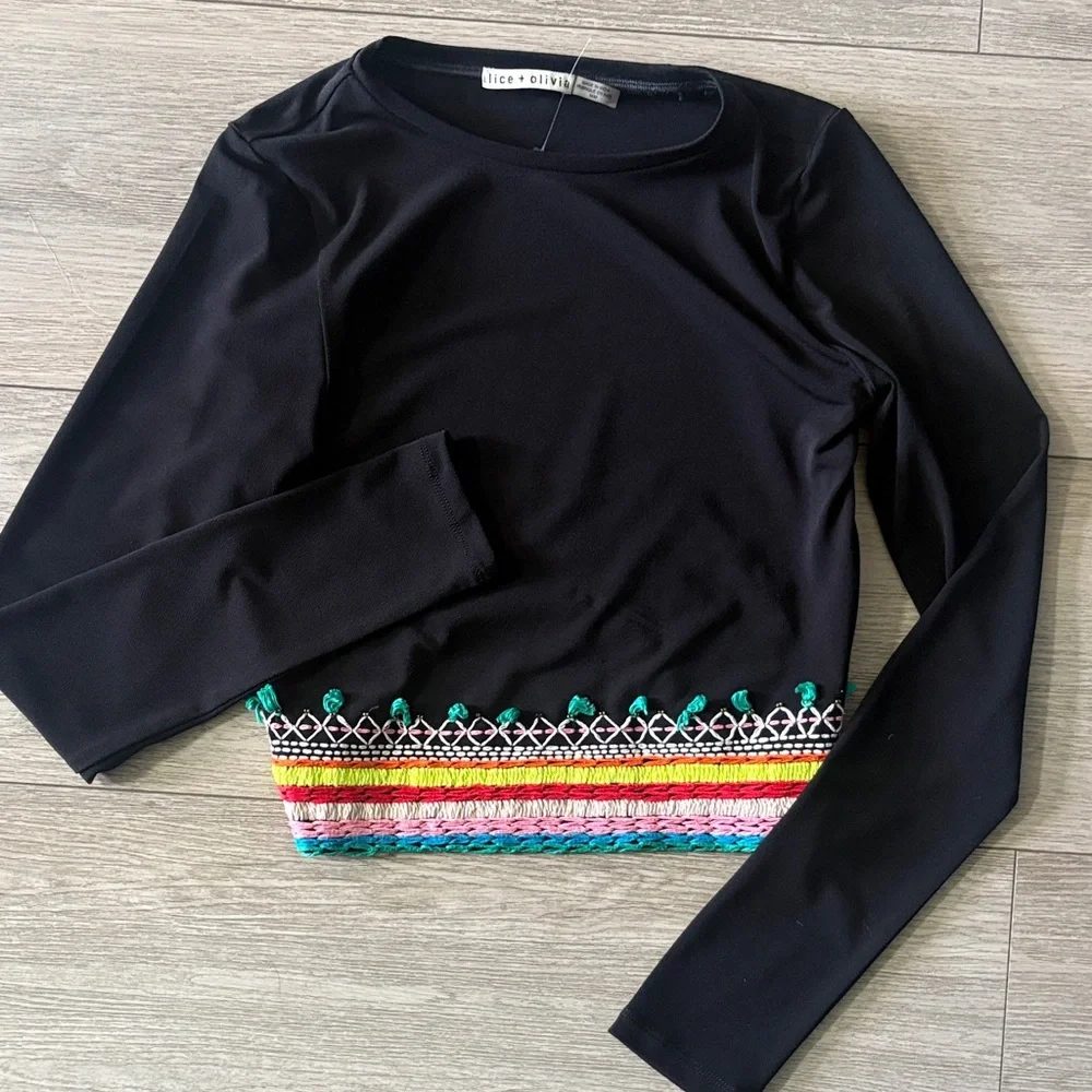 Alice + Olivia Delaina Black Top with Colorful Embroidery - Picture 3 of 5